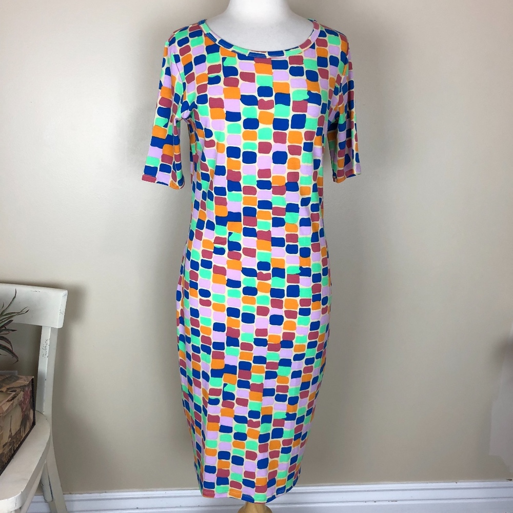 LULAROE Julia Dress multi colored Geometric square - Picture 4 of 4